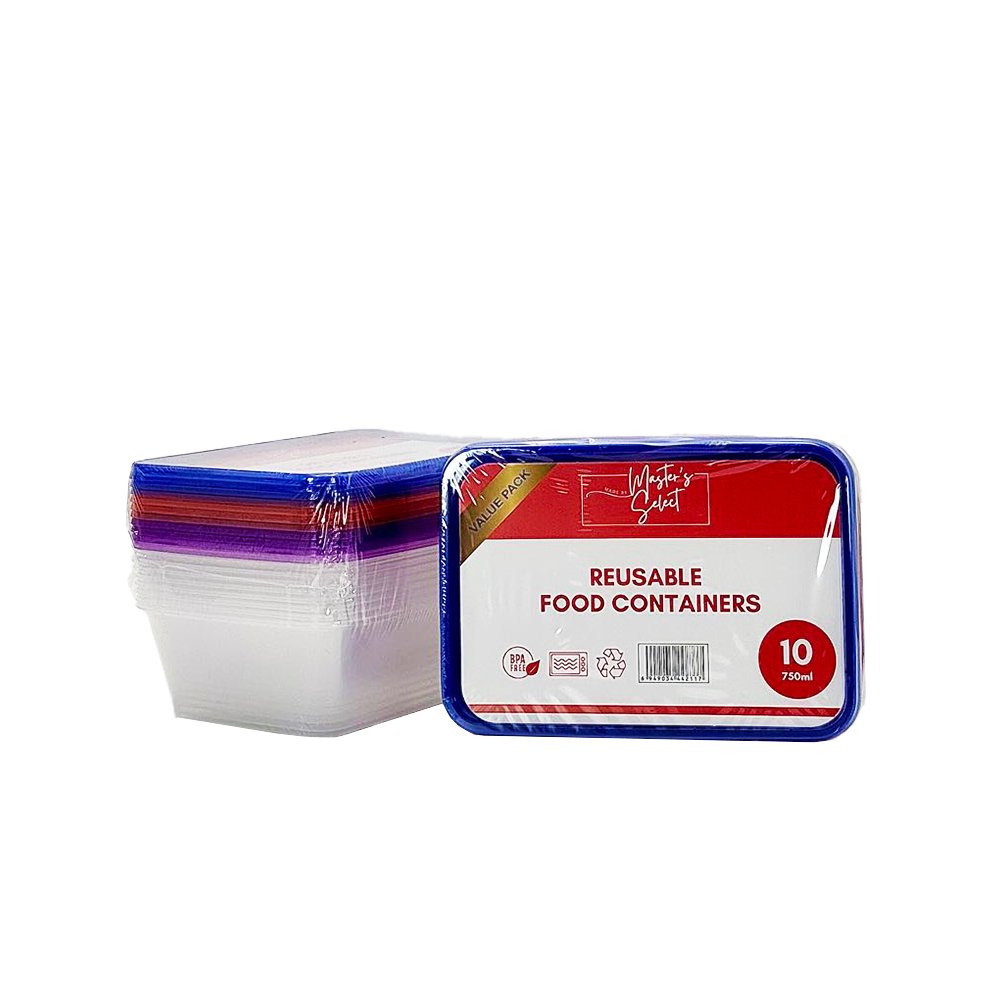 750mL Reusable Rectangular Containers Coloured Lids - 10/PK - TEM IMPORTS™