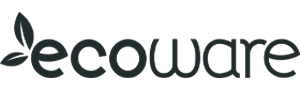 Ecoware logo with a leaf symbol on a black background