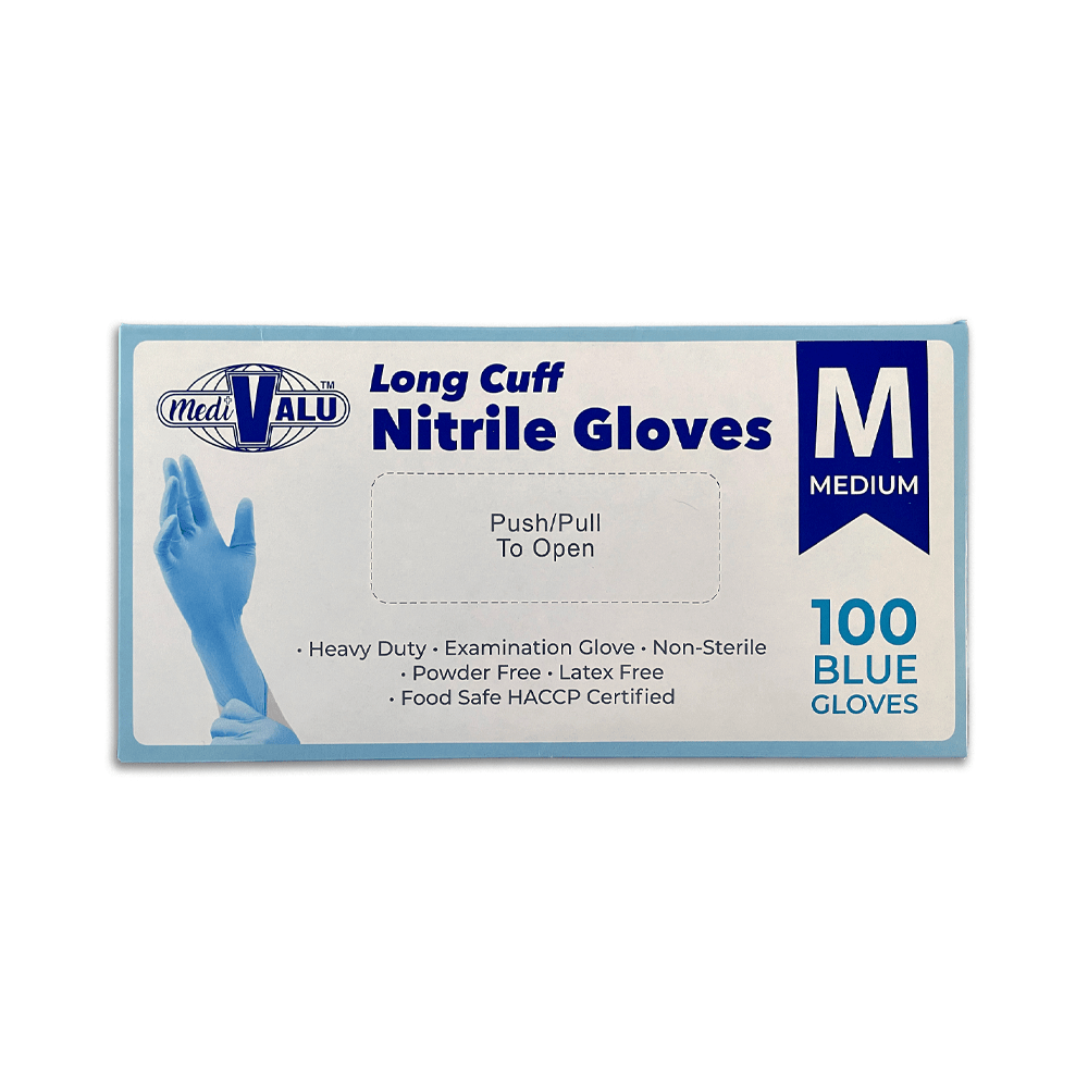 Long Cuff Blue Nitrile Gloves Powder Free - Medium - TEM IMPORTS™