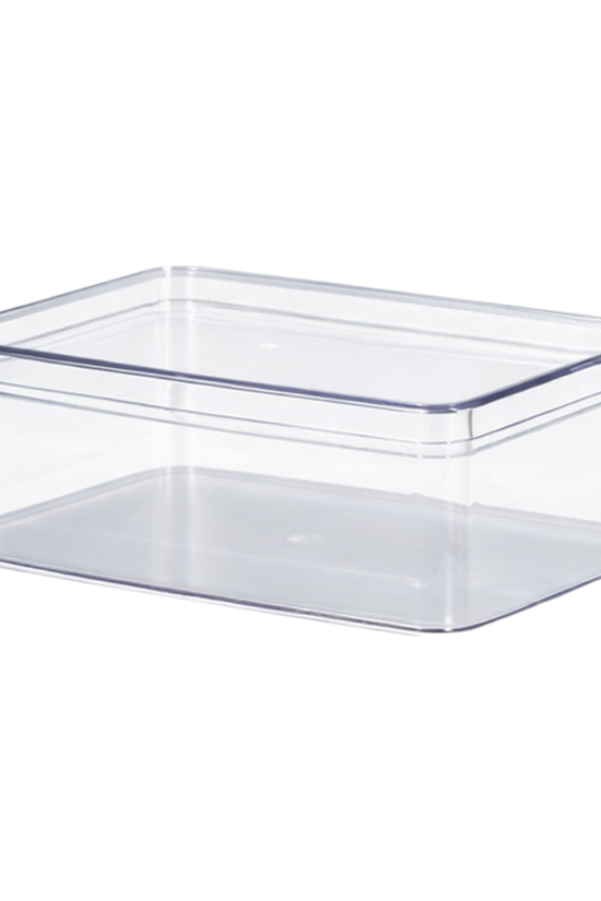 A clear plastic rectangular storage box with a matching transparent lid, shown on a plain white background.