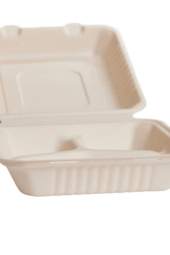 Large Natural Sugarcane Dinner Box 3 Compartment Clamshell - 200/CTN - TEM IMPORTS™