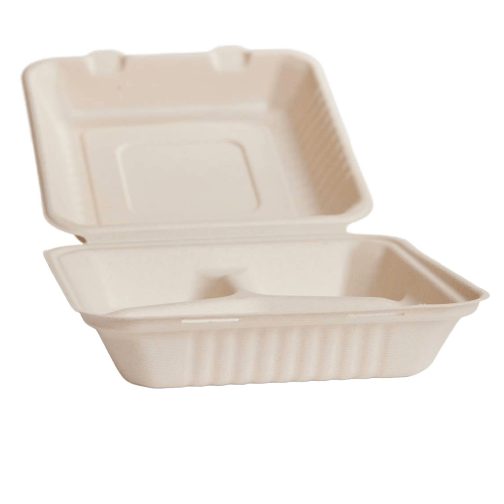 Large Natural Sugarcane Dinner Box 3 Compartment Clamshell - 200/CTN - TEM IMPORTS™