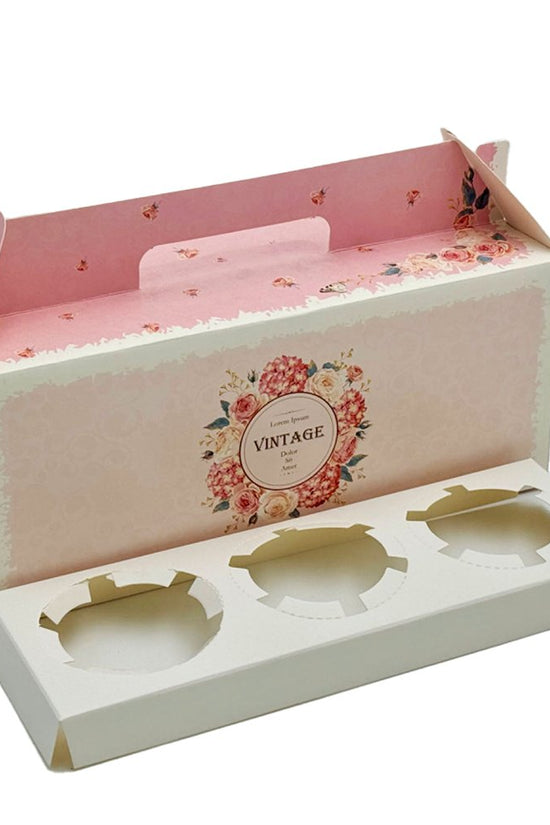 Printed Paper Cake Box Handle With Cupcake Tray - Vintage Rose Theme - TEM IMPORTS™