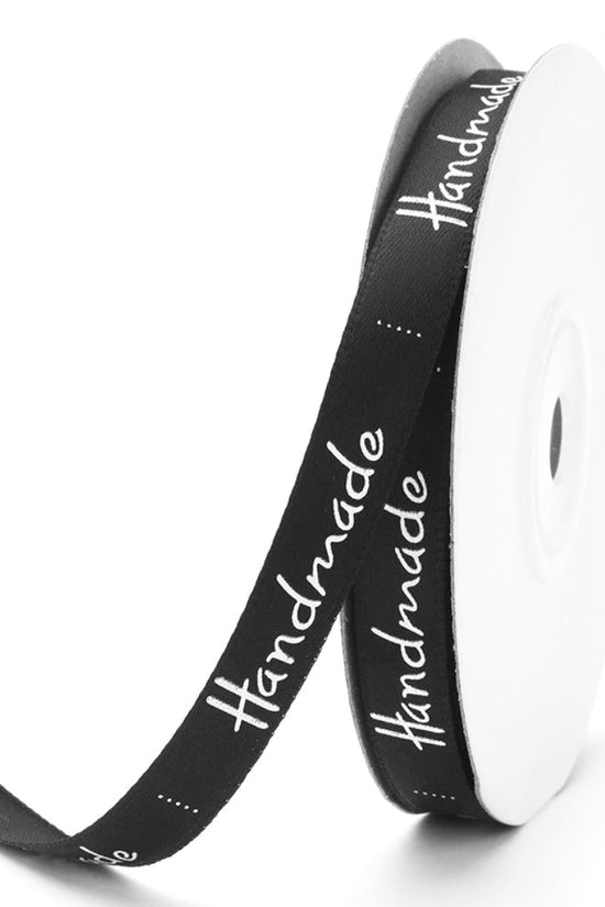 10mm 'Handmade' Printed Satin Ribbon - Black - TEM IMPORTS™