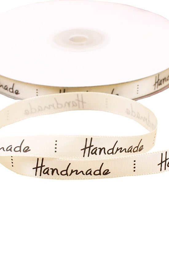 10mm 'Handmade' Printed Satin Ribbon - Cream - TEM IMPORTS™