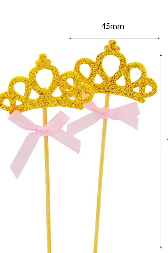 Gold Crown With Pink Bow Cake Topper - Pack of 2 - TEM IMPORTS™