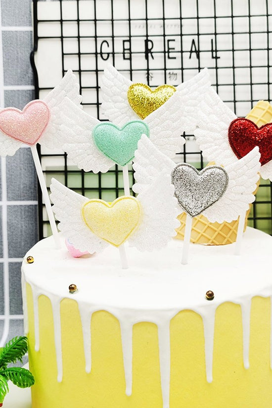 Grey Heart & Wings Cake Topper - Pack of 2 - TEM IMPORTS™