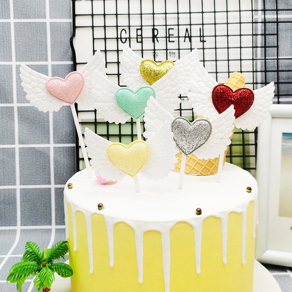 Grey Heart & Wings Cake Topper - Pack of 2 - TEM IMPORTS™